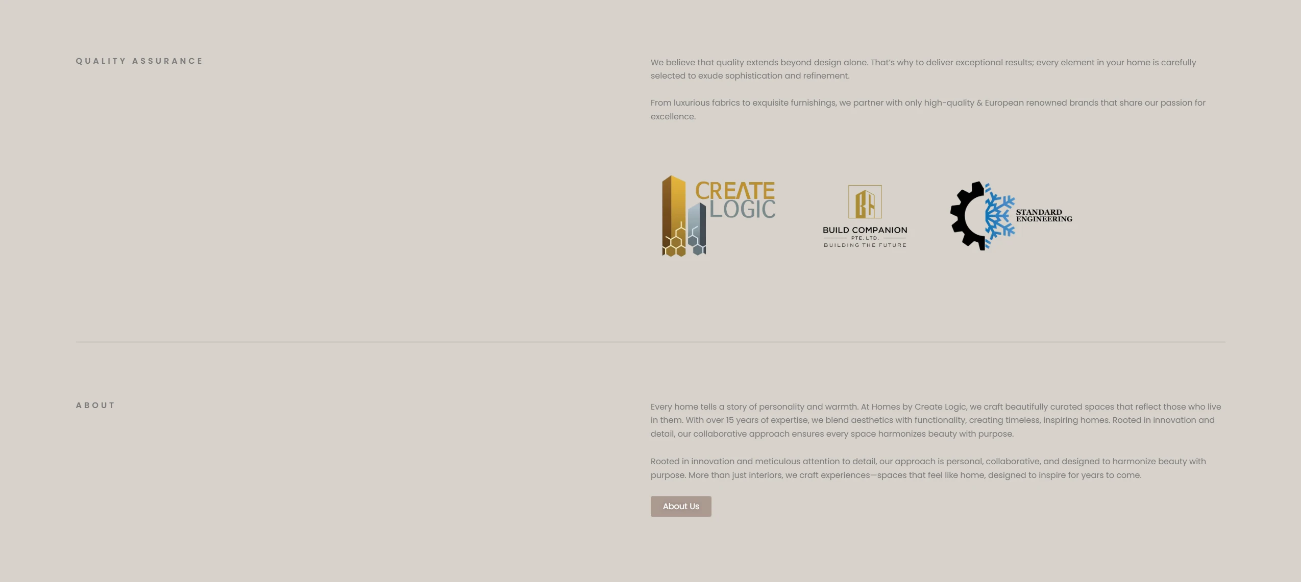 Homes by Create Logic — Quality assurance and about us section