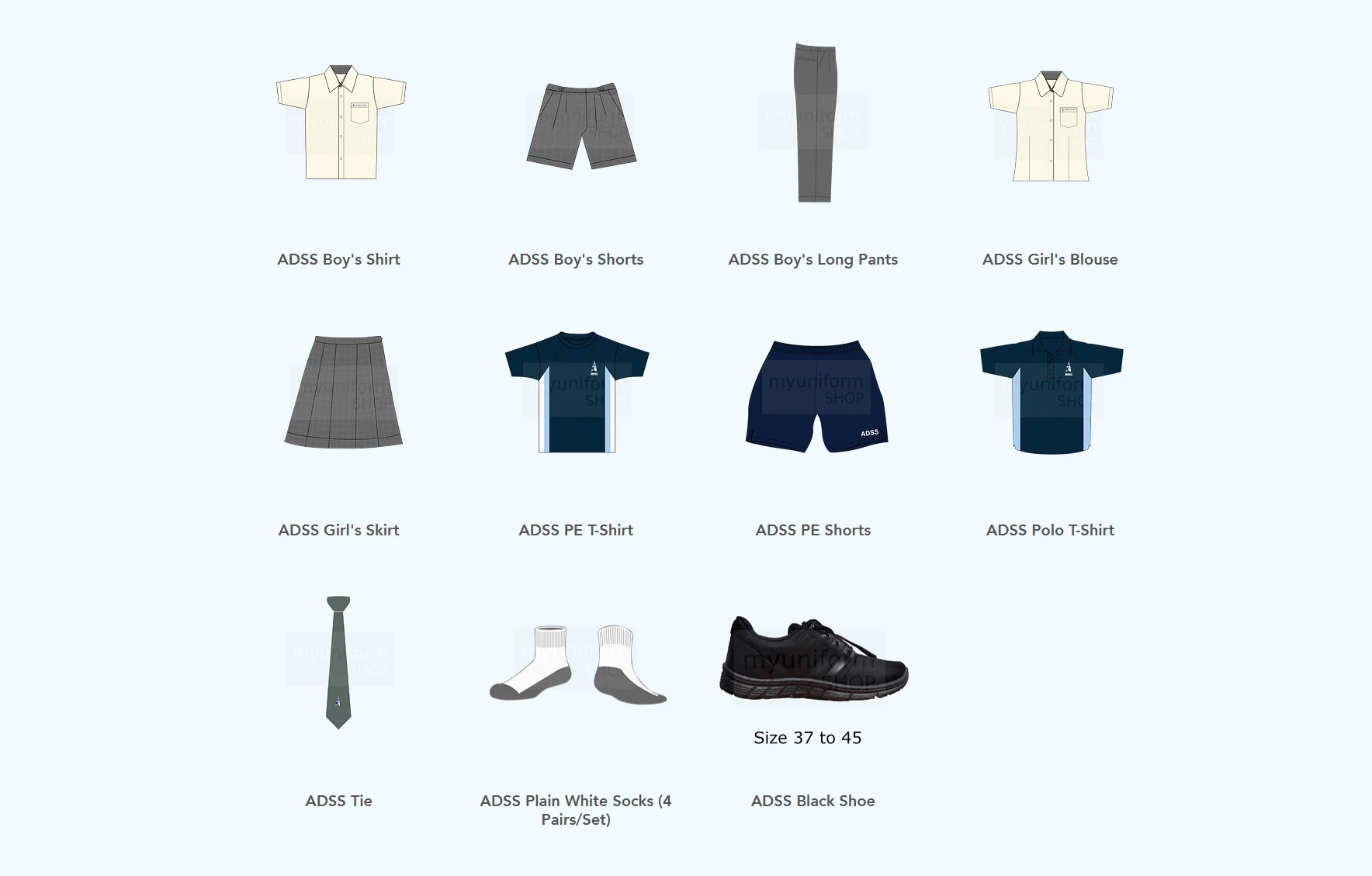 My Uniform Shop — School uniform catalogue page